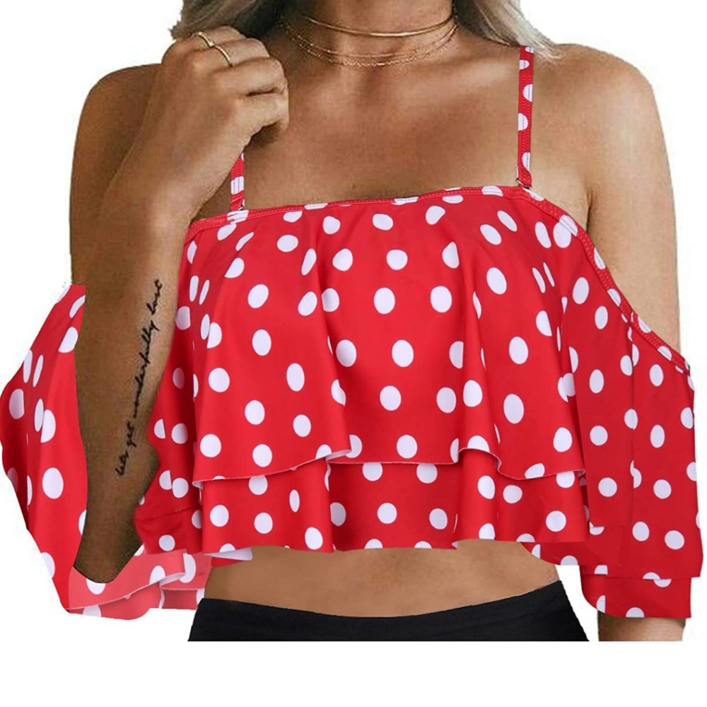 Red Polka Dot Ruffle Off the Shoulder Swim Top